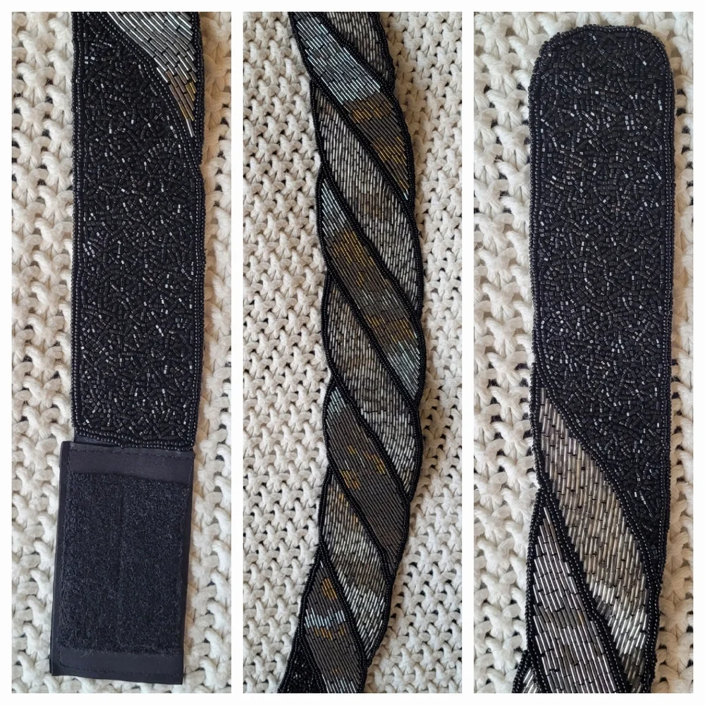 La Regale Vintage Black & Silver Beaded Belt With Velcro Fastener
